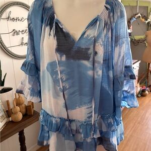 Women’s Blue Watercolor Peasant Top